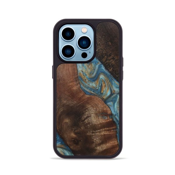 iPhone 14 Pro Wood+Resin Phone Case - Lucia (Teal & Gold, 718714) Sale