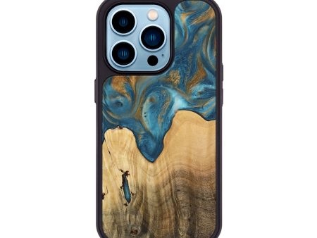 iPhone 14 Pro Wood+Resin Phone Case - Remy (Teal & Gold, 720113) For Cheap