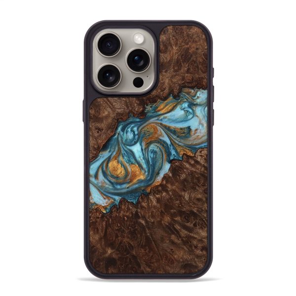 iPhone 15 Pro Max Wood+Resin Phone Case - Mya (Teal & Gold, 719428) on Sale