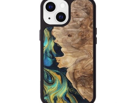 iPhone 13 Wood+Resin Phone Case - Sutton (Teal & Gold, 716242) Cheap