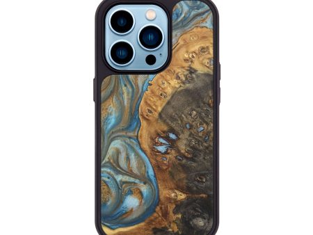 iPhone 14 Pro Wood+Resin Phone Case - Chelsey (Teal & Gold, 718966) Supply