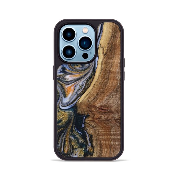 iPhone 14 Pro Wood+Resin Phone Case - Benjamin (Teal & Gold, 719107) Discount