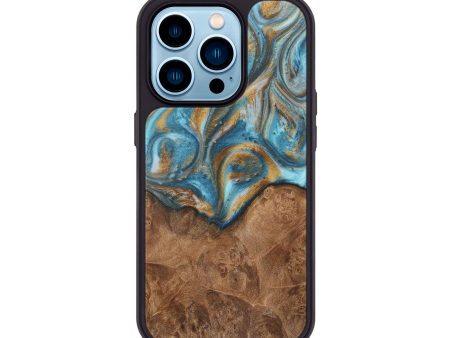 iPhone 14 Pro Wood+Resin Phone Case - Vicki (Teal & Gold, 717208) Online now